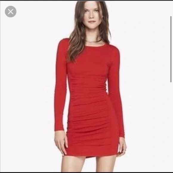 Express Dresses & Skirts - Express Red Ruched Turtleneck Long Sleeve Mini Dress XS Mock Neck Knit Bodycon